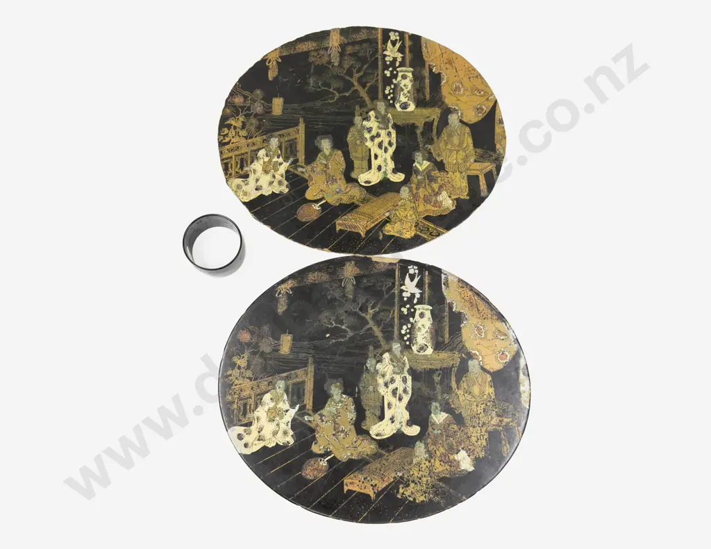 Two Japanese Lacquered Oval Panels together with Lacquered Napkin Ring Image 1++