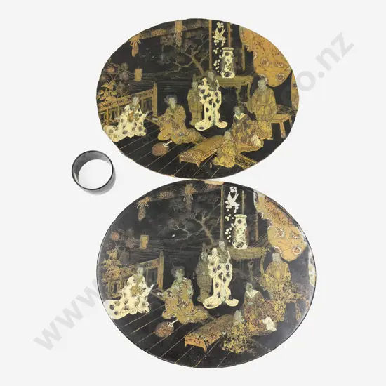 Two Japanese Lacquered Oval Panels together with Lacquered Napkin Ring