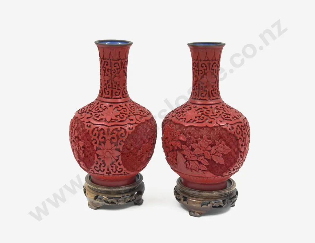 Pair of Cinnabar Lacquer Vases on Stands Image 1++