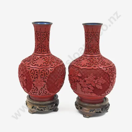 Pair of Cinnabar Lacquer Vases on Stands