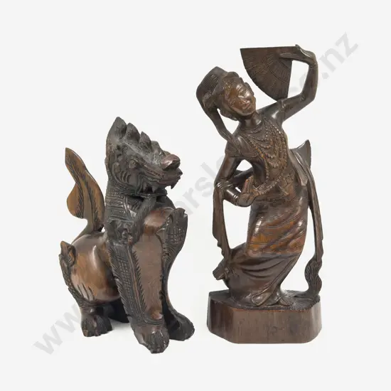 A Carved Thai Figure together with Temple Lion