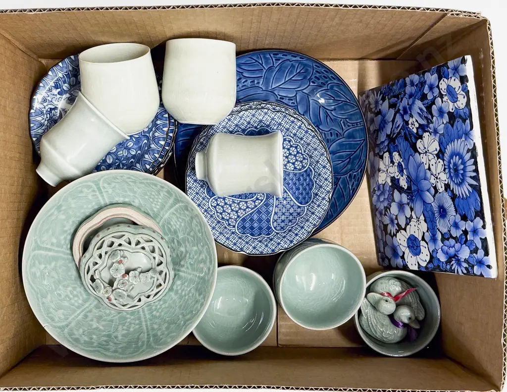 Box Qty of Assorted China incl Celadon Glazed Bowl & Cups Image 1++
