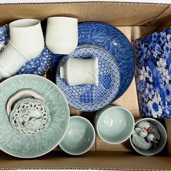 Box Qty of Assorted China incl Celadon Glazed Bowl & Cups