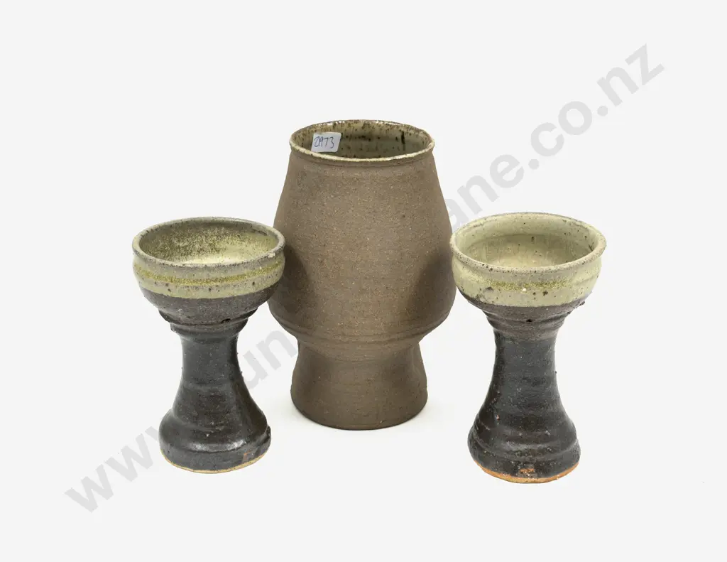 NZ Pottery Vase with Interior Glaze & Two Pottery Goblets Image 1++