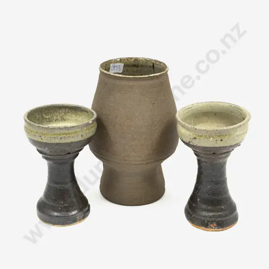 NZ Pottery Vase with Interior Glaze & Two Pottery Goblets