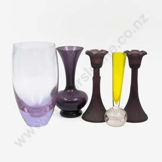 A Small Qty of Assorted Coloured Glassware incl Pair of Candlesticks