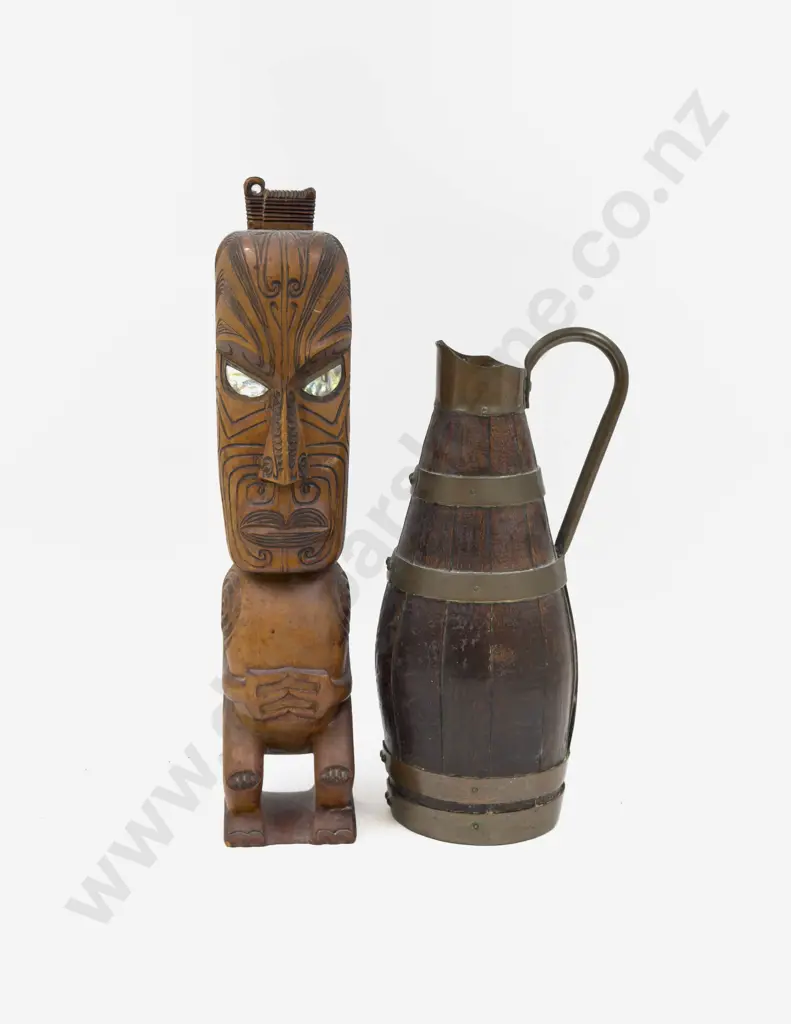 Copper Bound Barrel Jug together with NZ Tourist Ware Figure Image 1++