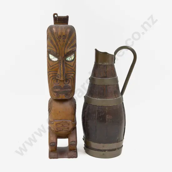 Copper Bound Barrel Jug together with NZ Tourist Ware Figure