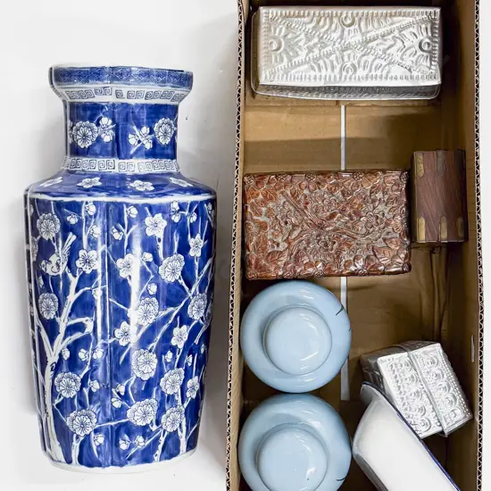 Box Qty of Assorted incl Blue & White Vase Pair of Ginger Jars etc