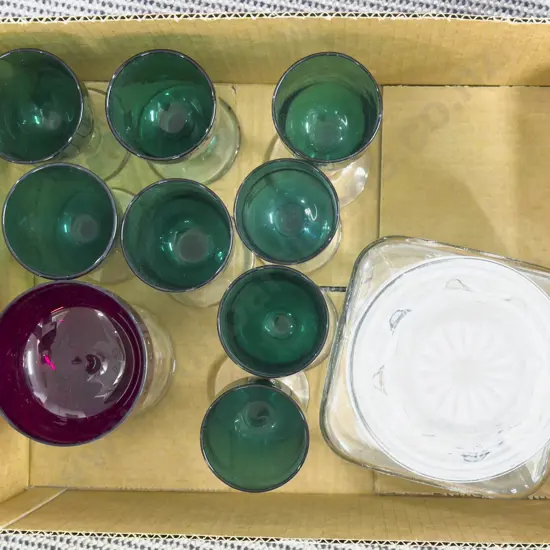 Box Qty of Assorted Glassware incl Vict Bristol Green Wine Glasses