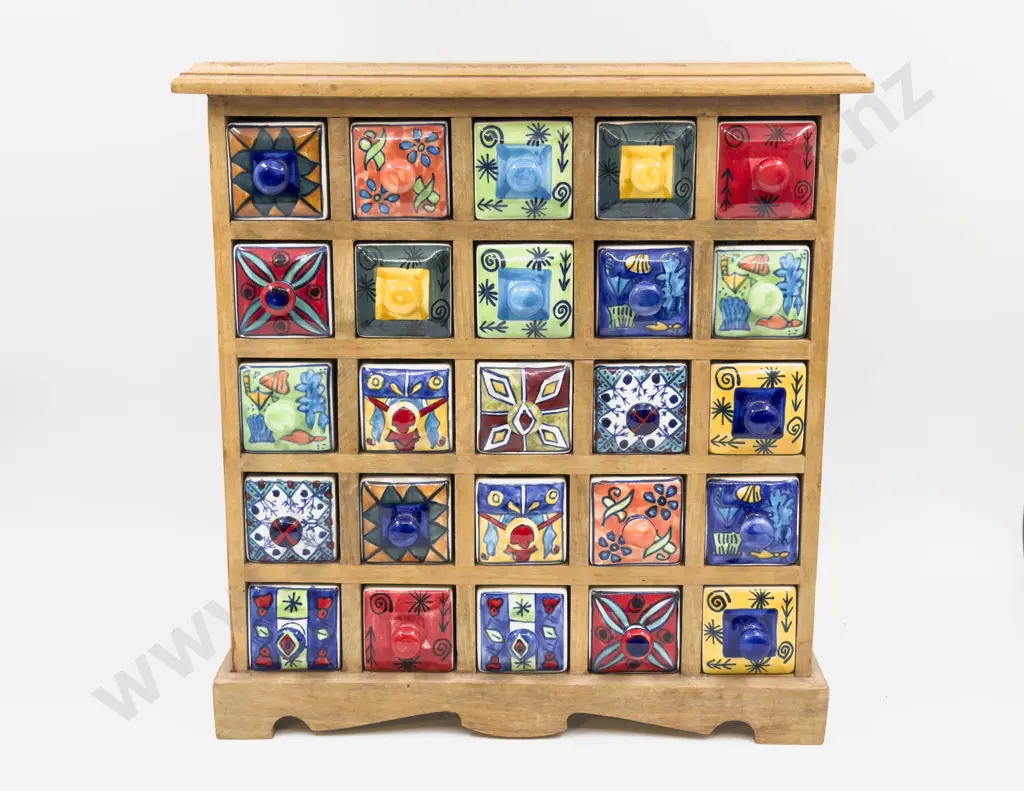 Wooden Framed Spice Rack with Multiple Ceramic Drawers Image 1++