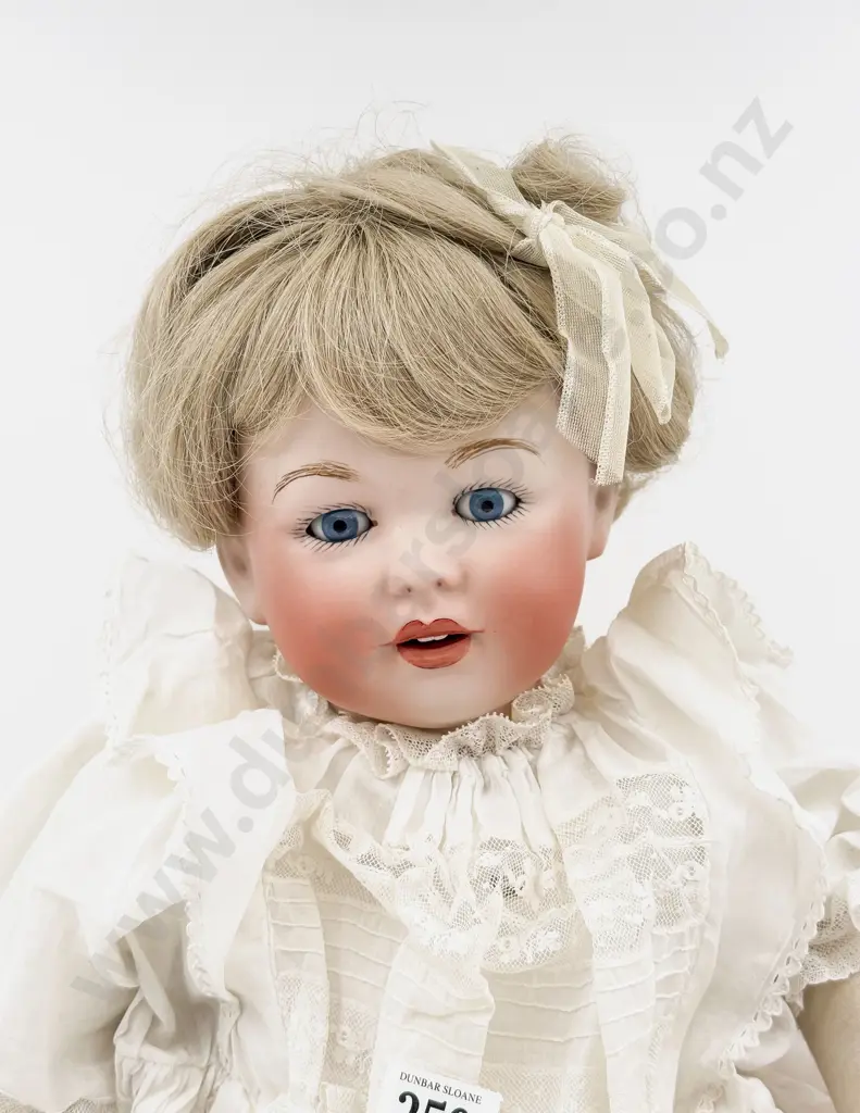 New Bisque Character Toddler Doll wearing Antique Cotton Dress on Cane Chair 66cm Image 1++
