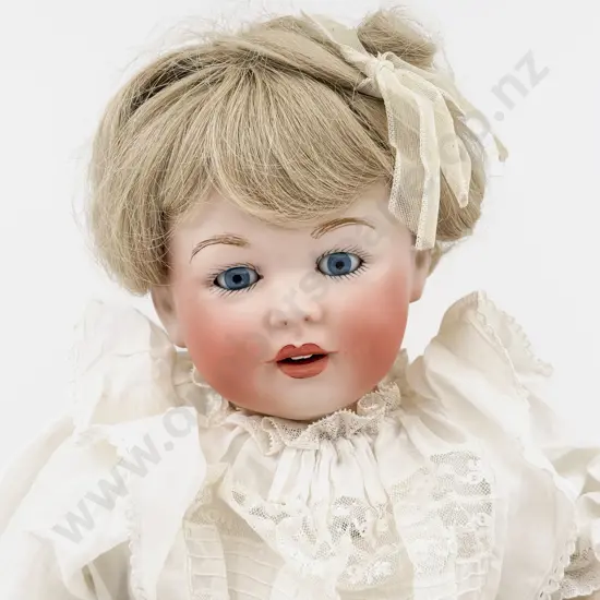 New Bisque Character Toddler Doll wearing Antique Cotton Dress on Cane Chair 66cm