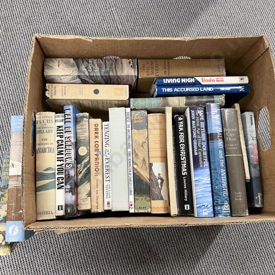 Box of Books incl Exploration Antarctica Ed Hillary etc