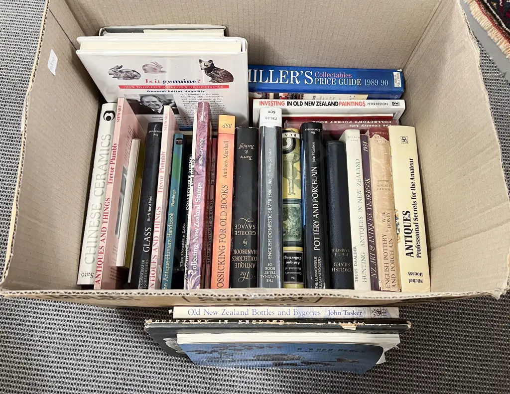 Box of Books on Antiques Old NZ Bottles NZ Coins etc Image 1++