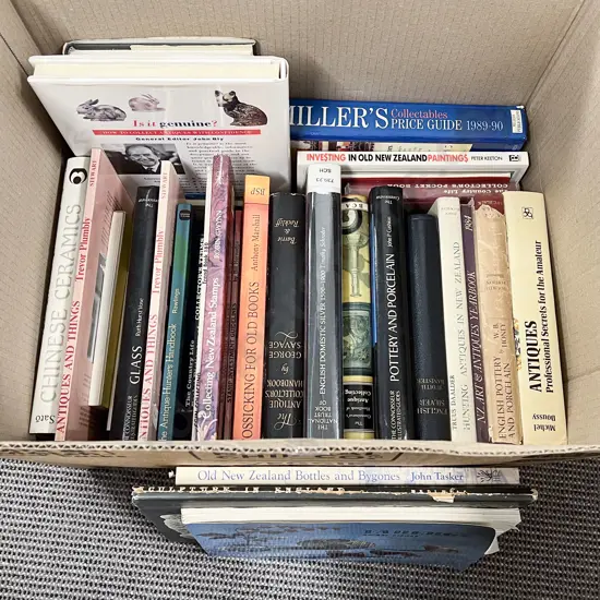 Box of Books on Antiques Old NZ Bottles NZ Coins etc