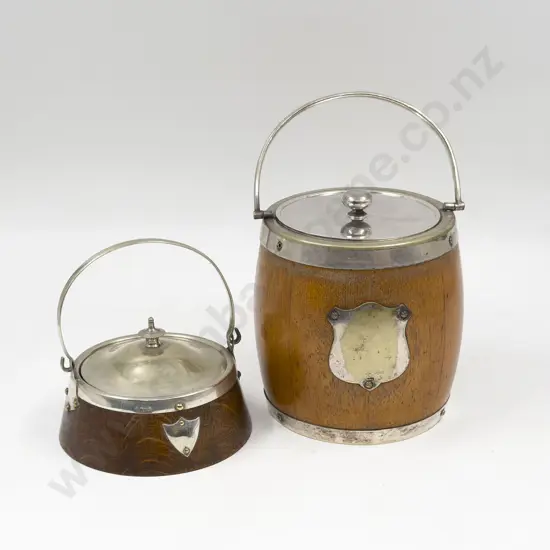 Oak Biscuit Barrel with Ceramic Liner & Smaller Example