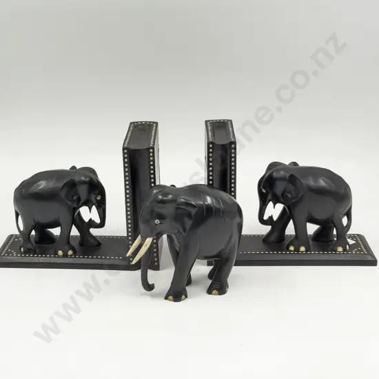 A Pair of Ebony Elephant Bookends & Other Elephant