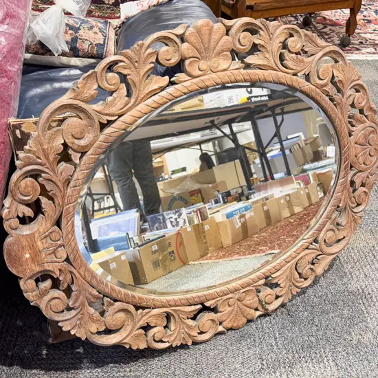 Oval Bevel Edged Wall Mirror with Pierced Carved Frame