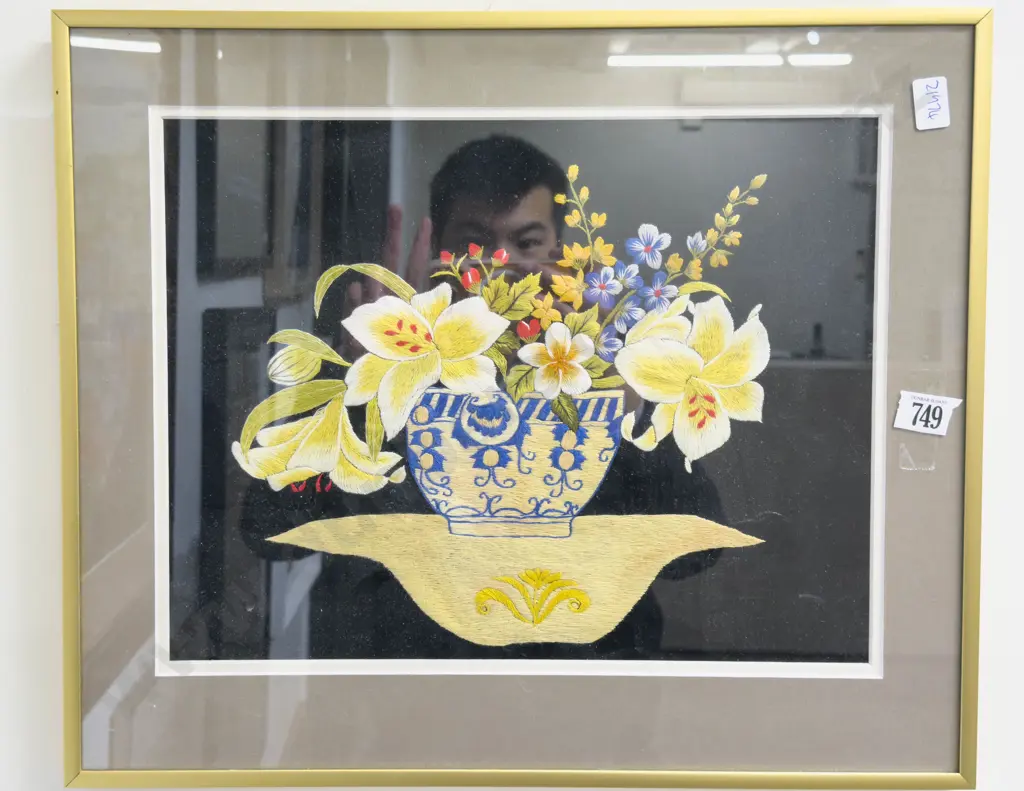 Framed Floral Still Life Needlepoint Work Image 1++