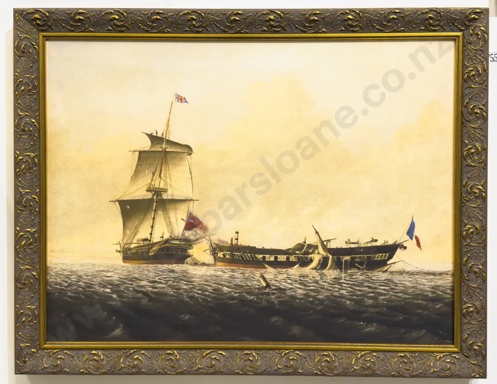 John Thomas Baines - "Action Between HMS Blanche & The Pique" - Print on Board Image 1++