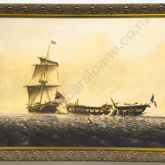 John Thomas Baines - "Action Between HMS Blanche & The Pique" - Print on Board