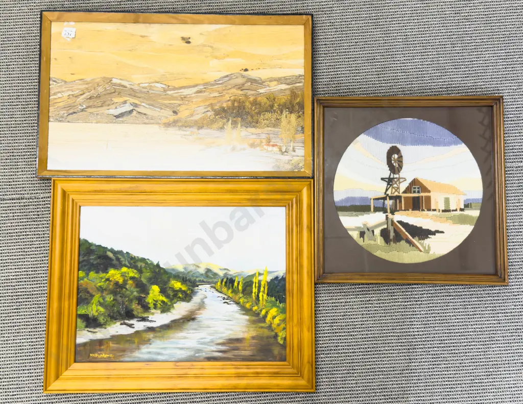 Three Assorted Art Works incl Needlepoint & Mixed Media Image 1++