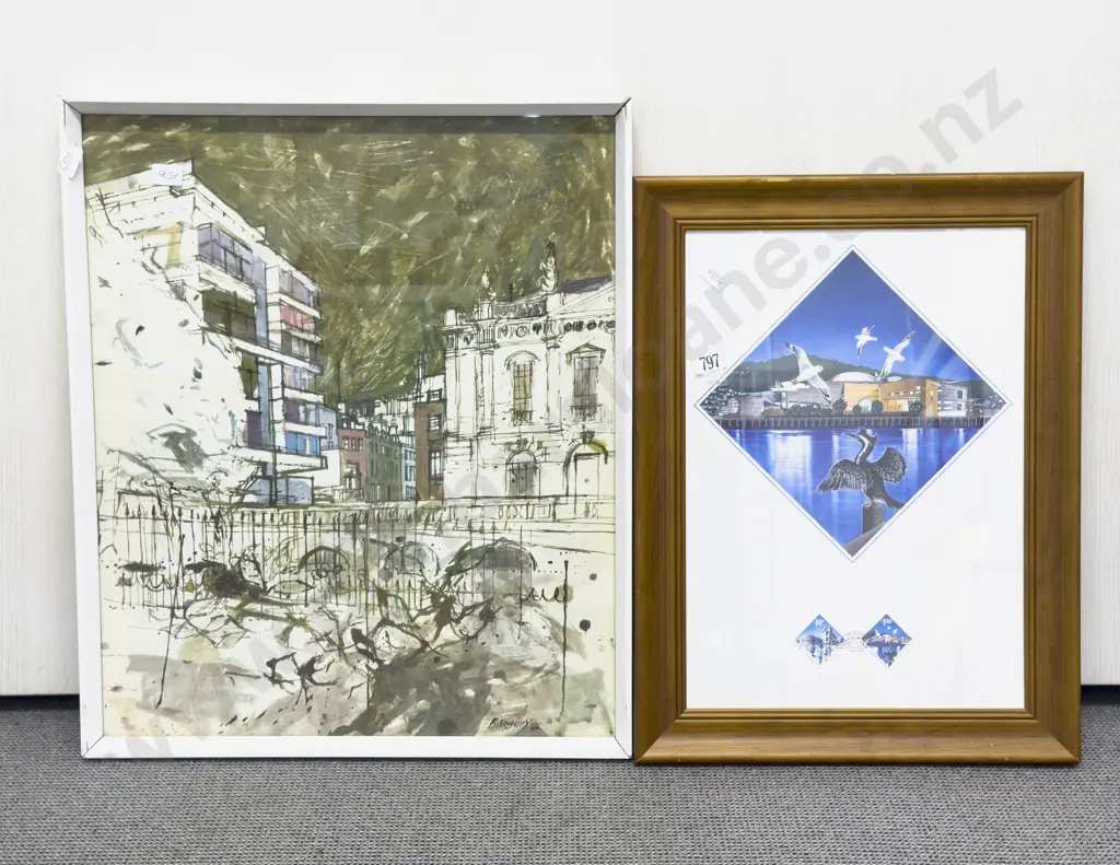 Framed NZ Stamp Art Display together with Print Image 1++