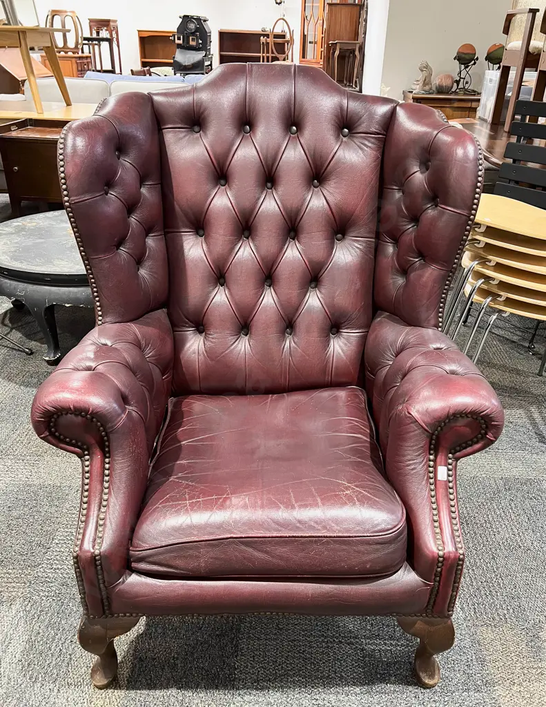 Burgundy Leather Wing Back Armchair Image 1++