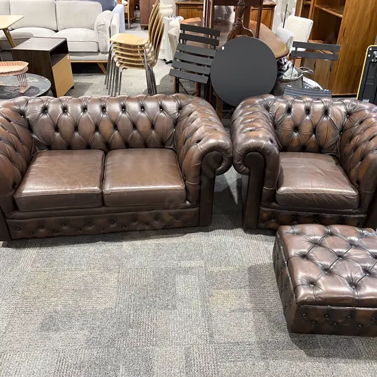 Chesterfield Style Three Piece Leather Lounge Suite