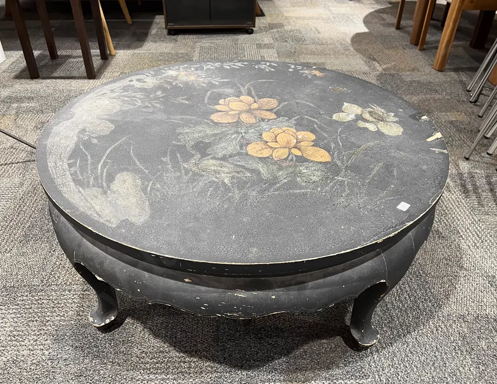 Vintage Ebonized Floral Decorated Circular Coffee Table Image 1++