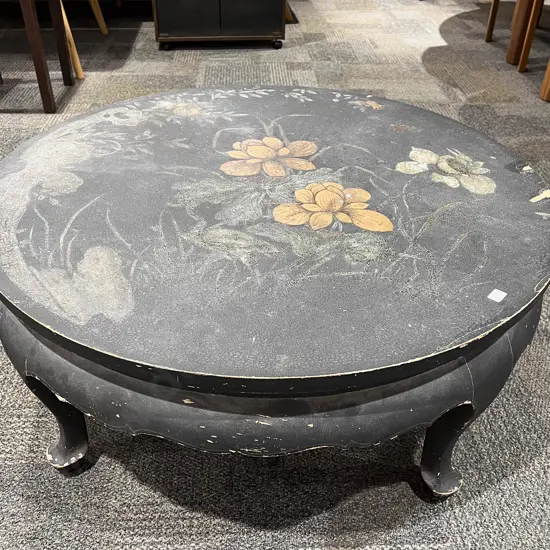 Vintage Ebonized Floral Decorated Circular Coffee Table