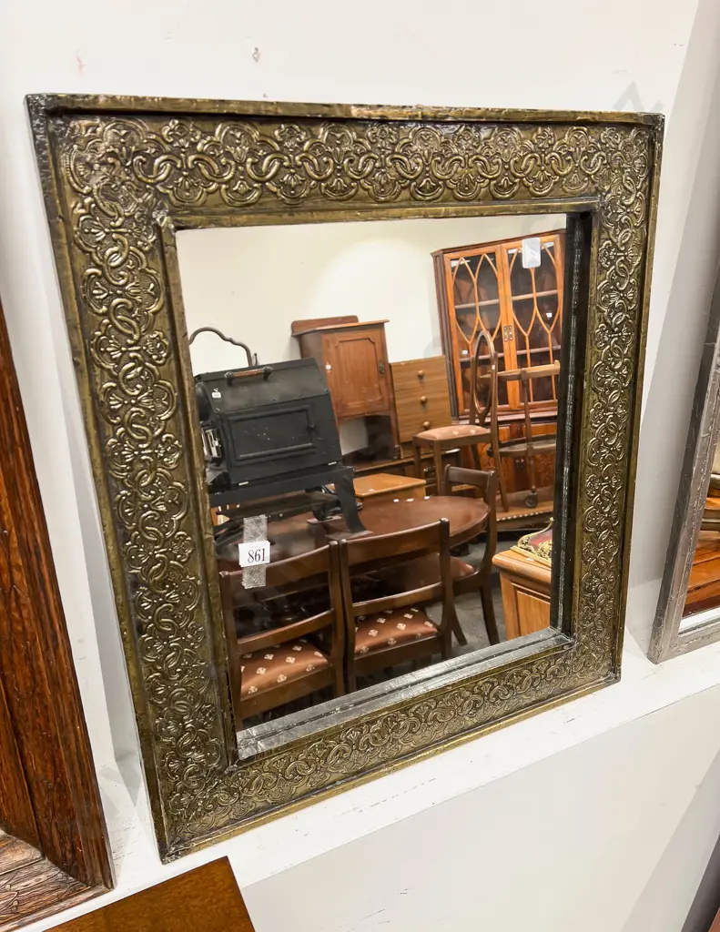 Rectangular Wall Mirror in Decorative Brass Sheet Frame Image 1++