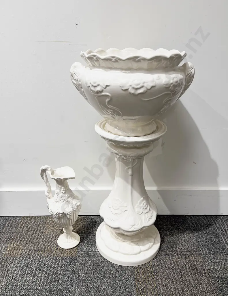 White Glazed Plant Stand & Matching Jardiniere together with Ewer Image 1++