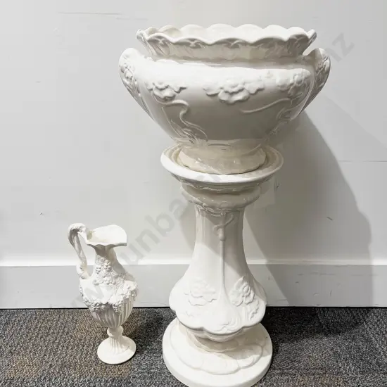 White Glazed Plant Stand & Matching Jardiniere together with Ewer