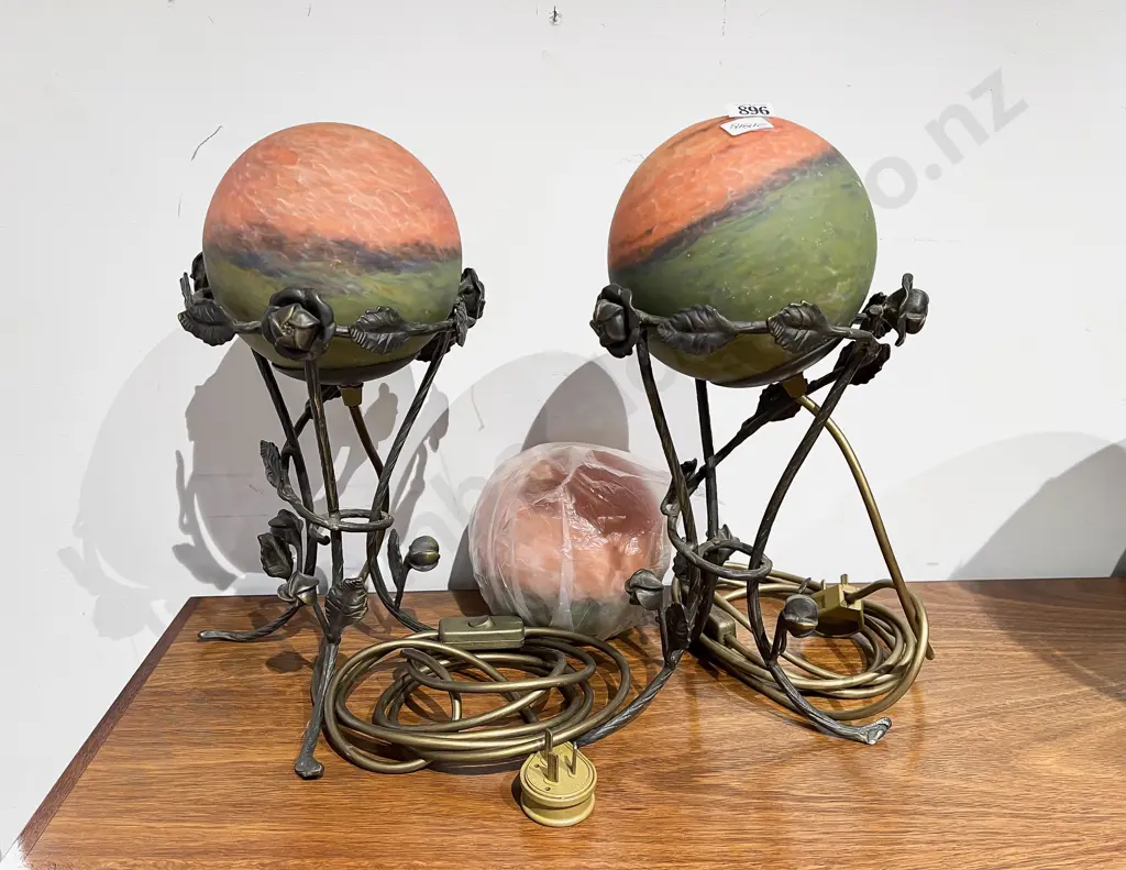 A Pair of Art Glass Orb Lamps on Decorative Metal Stands Image 1++