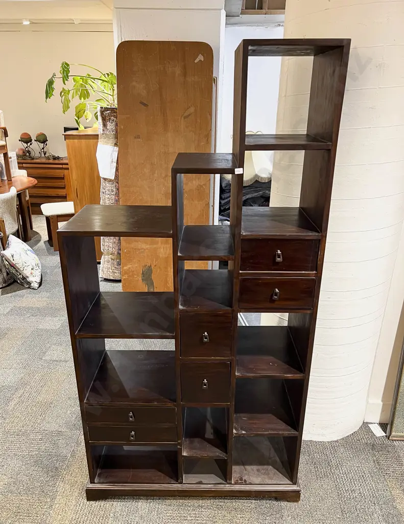 Stained Teak Open Stepped Double Sided Display Unit with Drawers to Both Sides Image 1++