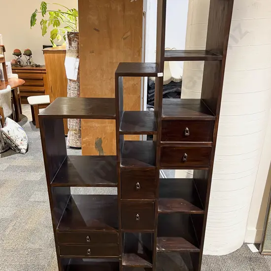 Stained Teak Open Stepped Double Sided Display Unit with Drawers to Both Sides