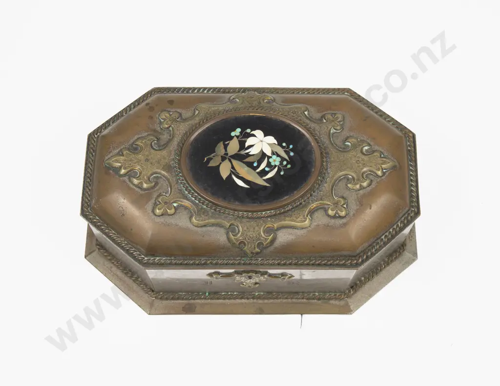 C19th Octagonal S/P Brass & Pietra Dura Sewing Box Image 1++