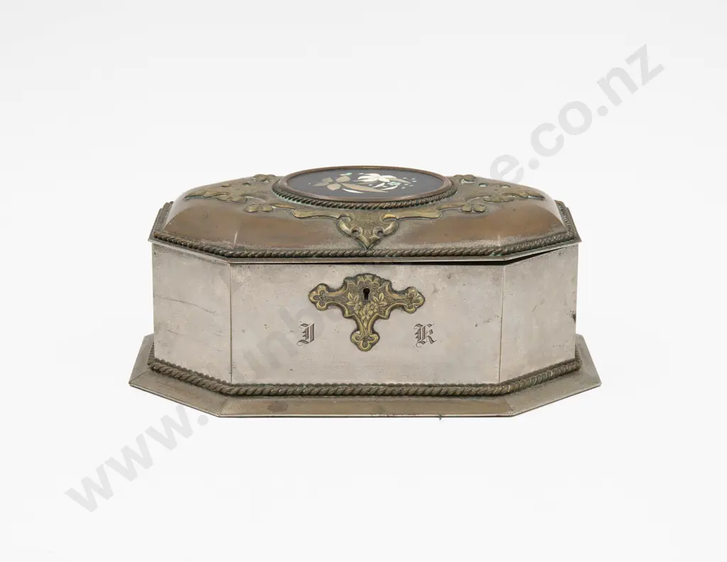 C19th Octagonal S/P Brass & Pietra Dura Sewing Box Image 1++