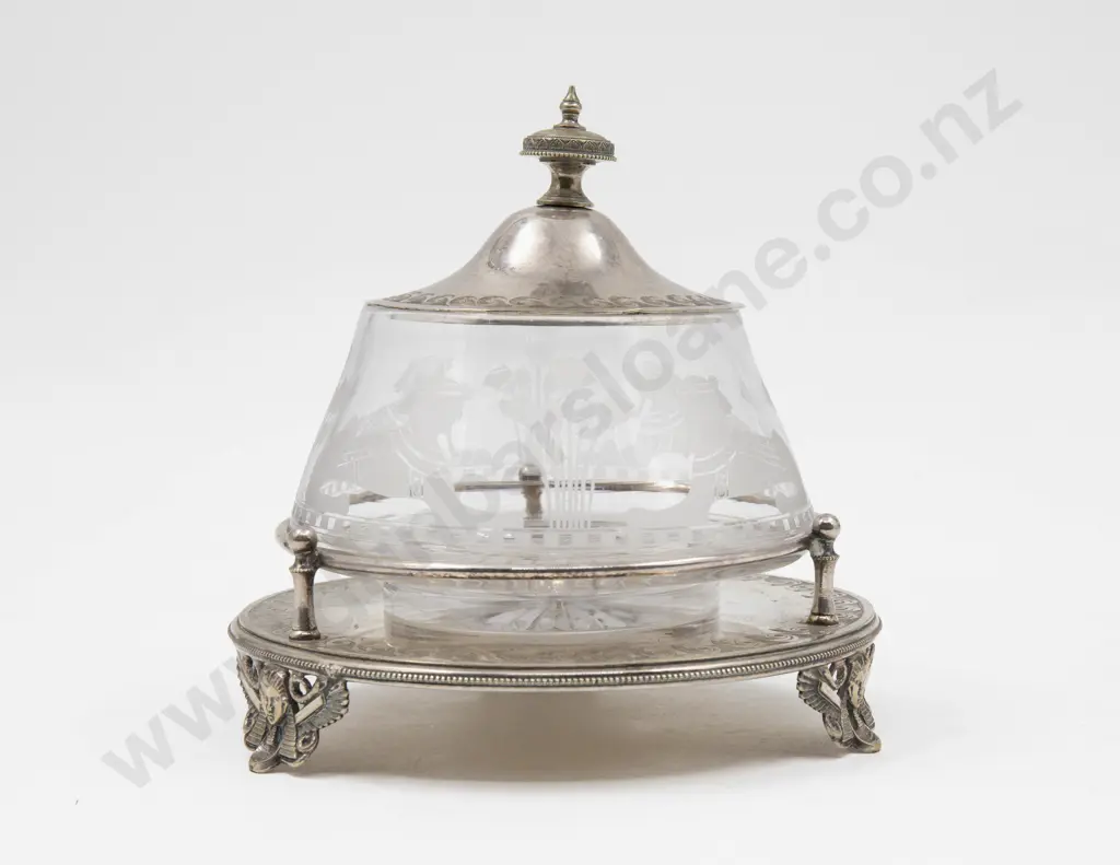 Late Victorian S/P & Cut Glass Egyptian Revival Sugar Bowl & Cover Image 1++