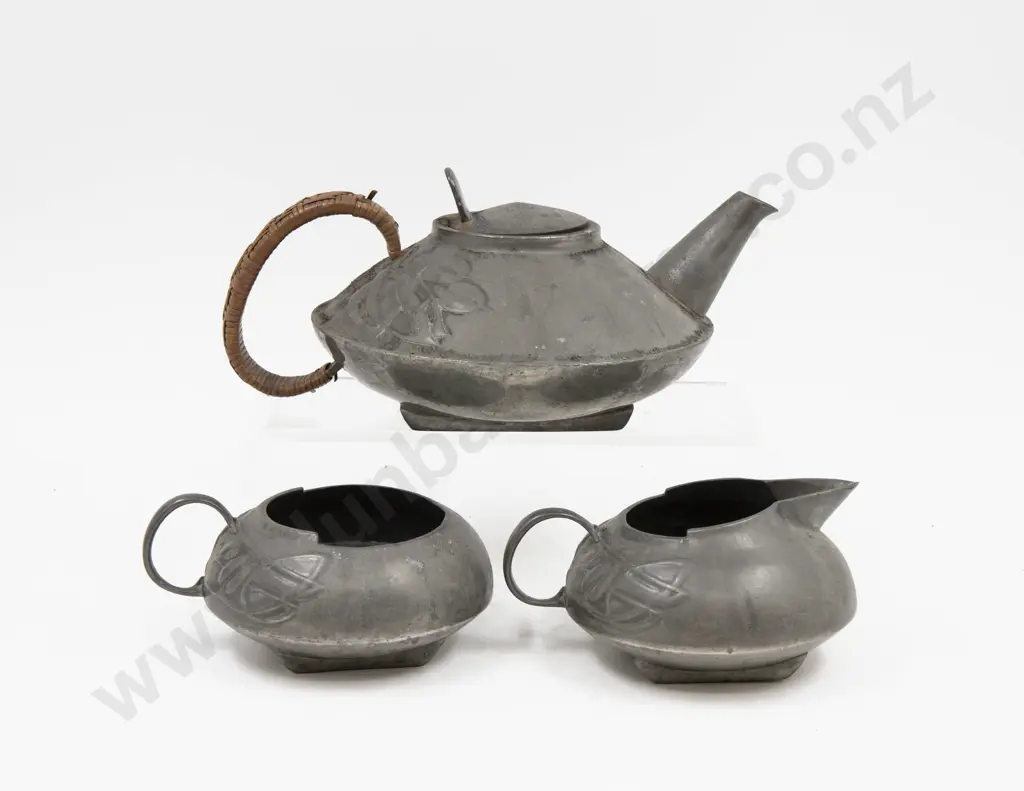 Archibald Knox For Liberty Three Piece Pewter Teaset Image 1++