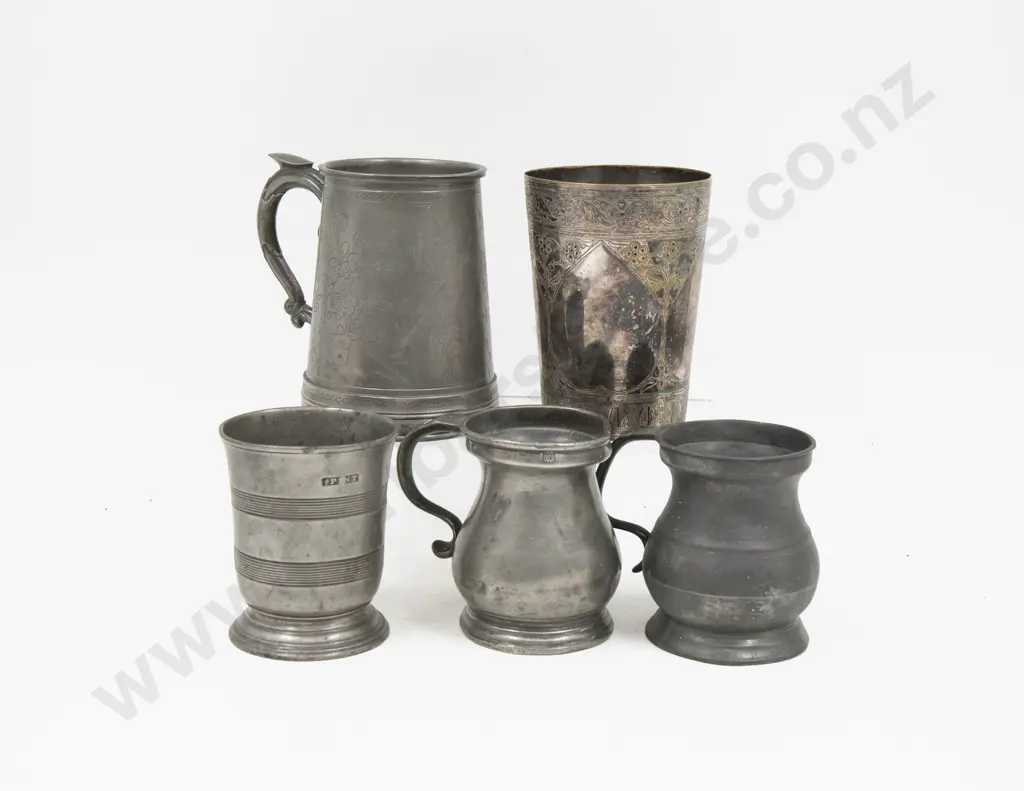 C19th Pewter Beaker, 2 Measures, Tankard & Late Vict Engraved S/P Tankard Image 1++