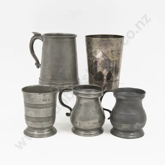 C19th Pewter Beaker, 2 Measures, Tankard & Late Vict Engraved S/P Tankard