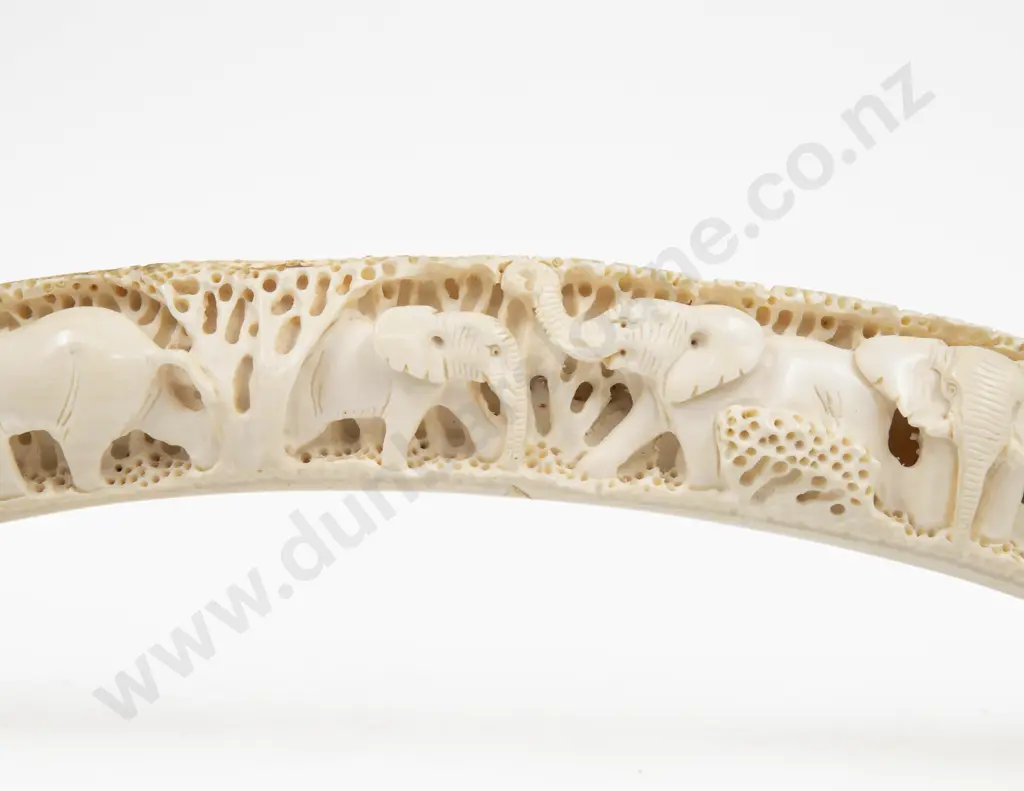African Ivory Tusk Carved With Elephant Procession Image 1++