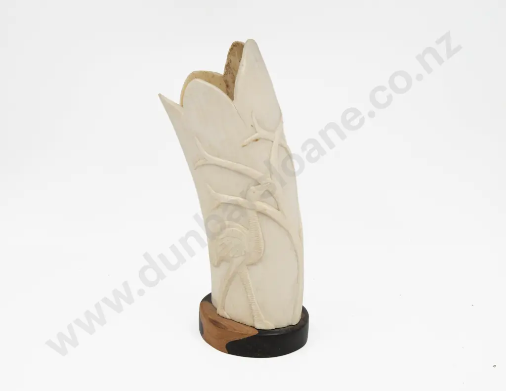 African Ivory Carved Tusk Section on Hardwood Base Image 1++
