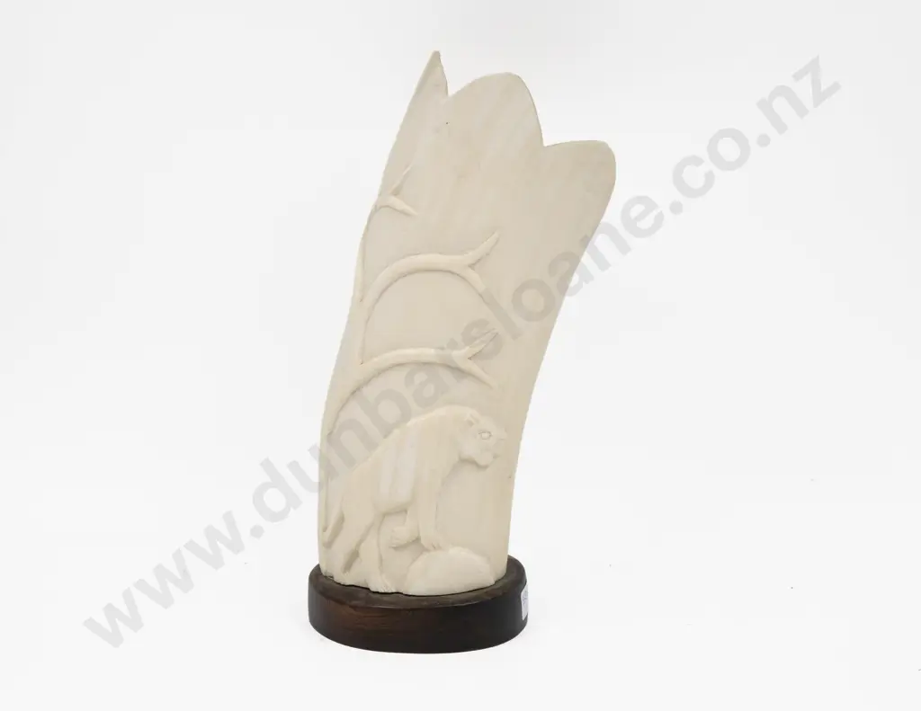 African Ivory Carved Tusk Section on Hardwood Base Image 1++