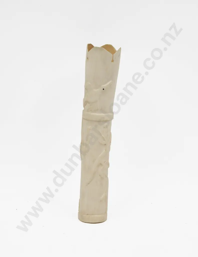African Ivory Tusk Section Carved With Elephant & Birds Image 1++