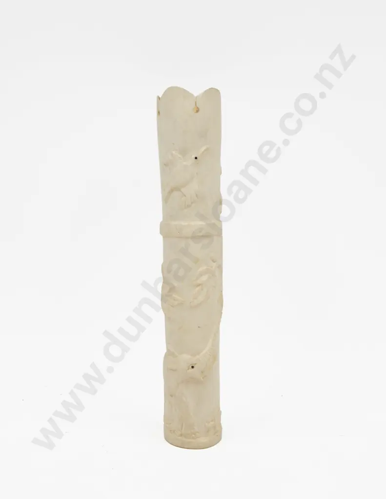 African Ivory Tusk Section Carved With Elephant & Birds Image 1++