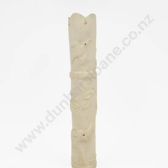 African Ivory Tusk Section Carved With Elephant & Birds